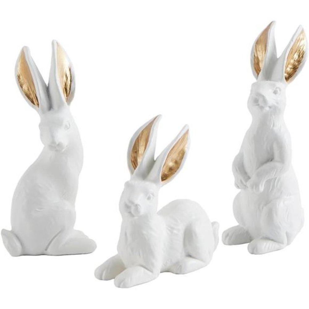 Easter Bunny Figurines Set of 3, White Resin Rabbit Statues with Gold Ears